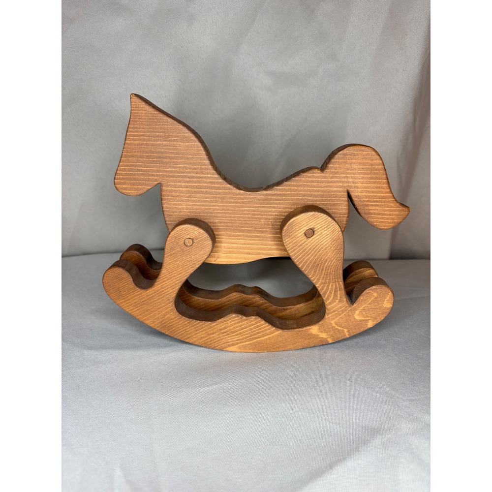Handcrafted Wooden Rocking Horse Figurine Rustic Nursery Decor Brown 9.5in
